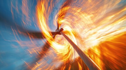 Wall Mural - dynamic view of wind turbine with abstract fiery swirl effect at sunset