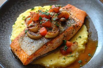 Wall Mural - Tasty rainbow trout dish with polenta and garlic