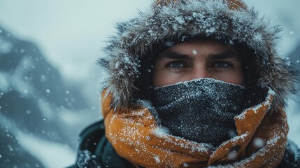 Traditional Inuit Man in Winter Clothing Against Snowy Mountain Landscape