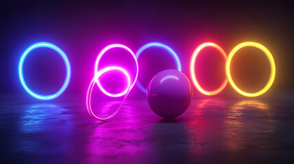 Poster - A vibrant sphere rests amidst a constellation of neon circles in a dark, moody setting.  The glowing rings cast colorful reflections on the reflective surface.