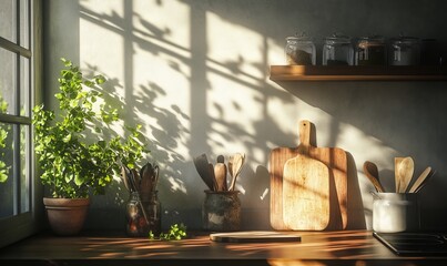 Wall Mural - Sunlit Kitchen Countertop with Herbs and Utensils