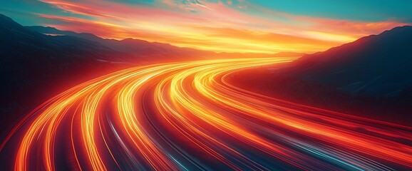 Poster - Fiery sunset light trails on a winding mountain road.