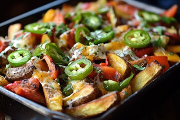 Wall Mural - Vegetarian fries topped with avocado roasted and jalapeño peppers and cheddar