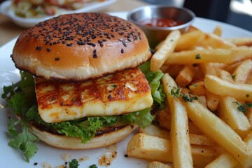 Wall Mural - Vegetarian halloumi burger with fries