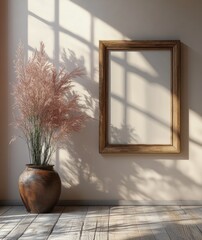 Wall Mural - Minimalist Wooden Picture Frame Mockup with Dramatic Shadows on Light Wall