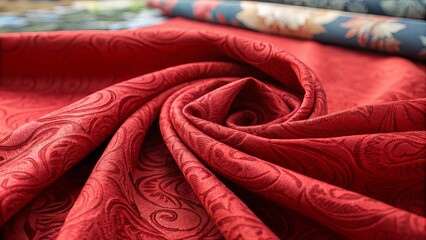 Poster - A red fabric with a paisley design is rolled up