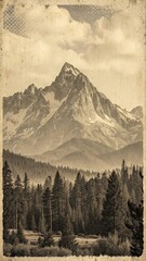 Poster - A mountain range with a snow covered peak and a forest in the foreground