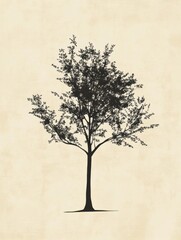 Poster - Elegant silhouette of a tall tree on textured background with natural elements and soft color tones. Generative AI