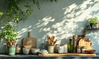 Wall Mural - Sunny Kitchen Still Life with Wooden Utensils and Herbs