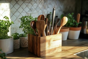 Sticker - Wooden Utensil Holder with Herbs and Kitchenware