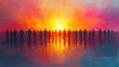 © ice - Vibrant Silhouettes of a Diverse Crowd at Sunset in Impressionist Style