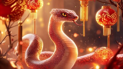 Wall Mural - A vibrant snake slithers through a festive setting adorned with glowing lanterns, evoking a sense of tradition and celebration.