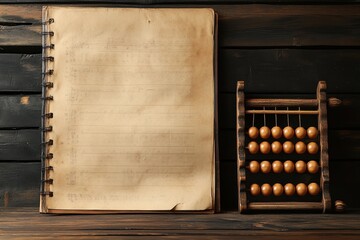 vintage ledger background with blank pages and wooden abacus for copy space, perfect for financial o