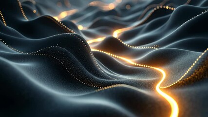 Poster - dynamic flowing waves of glowing light and digital particles in abstract motion