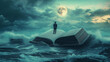 © Kavidu - Surreal Scene of a Man on an Open Book Floating Amidst Ocean Waves Under a Moody Sky Symbolizing Knowledge and Resilience