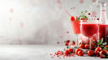 Glass of red drink on table next to bottle of water and fresh tomatoes in natural light setting