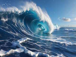 Massive ocean wave curling under a clear blue sky, with dynamic motion and frothy white foam capturing the power of nature.