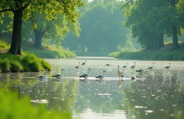 Sticker - Serene morning scene with swans on a peaceful tree-lined pond in lush green nature