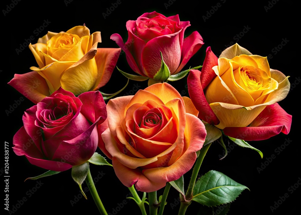 High-resolution image: stunning red and yellow-pink roses bloom against ...