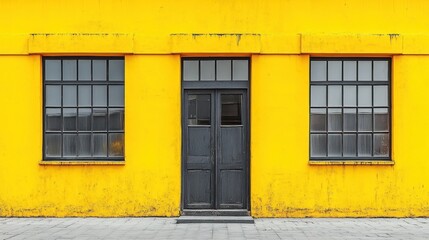 Wall Mural - Yellow building facade with black door and windows.