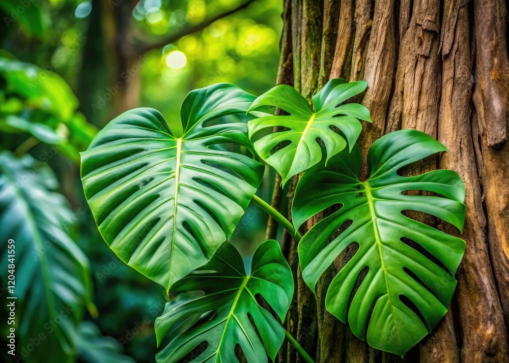 Lush Monstera deliciosa thrives, its vibrant green leaves filling the ...