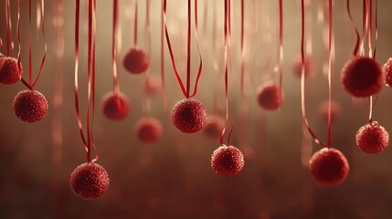 Wall Mural - red ornaments hang from strings, creating a festive atmosphere with a soft, glowing background, idea