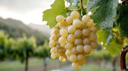 Wall Mural - Fresh grapes glistening with morning dew on vine in vineyard