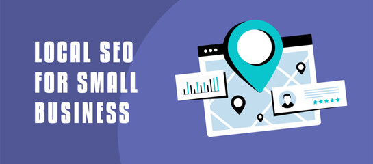 Poster - local seo banner with maps, location pins, star ratings, customer reviews, and analytics. highlights