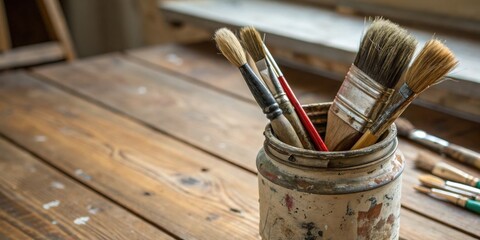 Rustic paintbrushes in weathered jar on wooden table