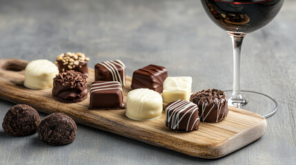 Poster - Decadent chocolate truffles paired with red wine on wooden board