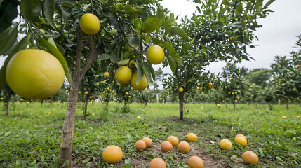 Canvas Print - Ripe citrus fruits hang heavy on branches of orange trees in well-maintained grove. Fallen fruits rest on ground beneath trees, ready for harvest. Agriculture, fruitful garden, fresh produce evident.