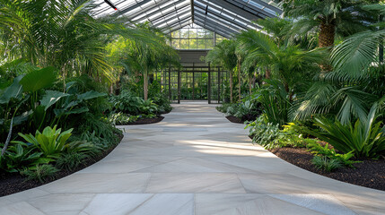 Wall Mural - serene pathway through lush botanical conservatory filled with greenery