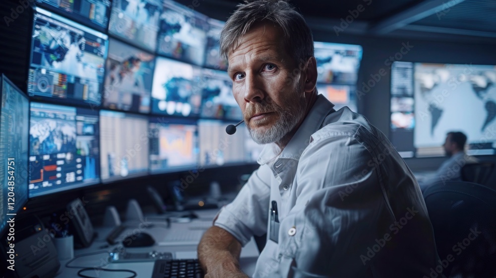 Foto de Stock Male Technical Controller at Work with Multiple Displays ...