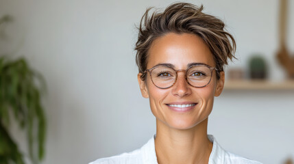 Wall Mural - Smiling woman with glasses, showcasing bright and friendly demeanor