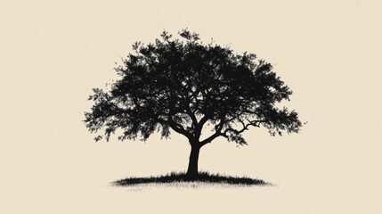 Aufkleber - Majestic tree silhouette standing alone against a light background with grass surrounding its base in a tranquil setting. Generative AI