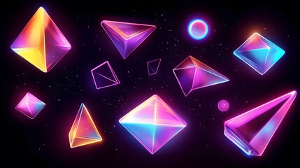 Poster - Dynamic colorful geometric shapes abstract digital art virtual space vivid neon environment eye-level perspective