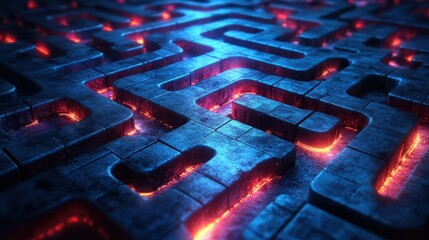 Poster - A futuristic maze with glowing blue and red lights, creating a captivating visual effect on a textured surface.