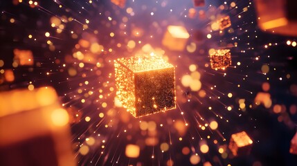Aufkleber - Dynamic 3d visualization of glowing cubes digital realm abstract artwork sci-fi environment aerial view conceptual design