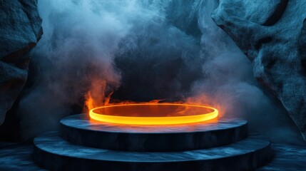 Poster - glowing circular portal surrounded by mist in stone cave setting