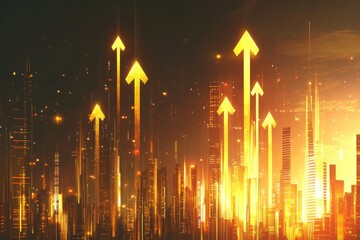 Fototapete - golden arrows rising from a glowing urban horizon, symbolizing growth and progress in a technologically advanced digital landscape