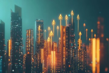 Fototapete - imaginative scene with golden arrows ascending from a dazzling city skyline, representing growth and progress in a rich digital landscape filled with innovation