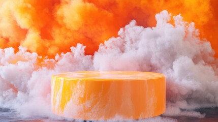Poster - vibrant orange display platform surrounded by colorful clouds