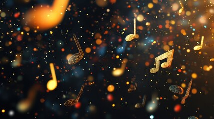 Poster - Golden Musical Notes in Abstract Background with Colorful Bokeh