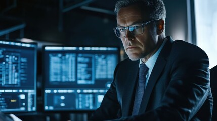 Poster - Focused Businessman Analyzing Data on Multiple Computer Screens
