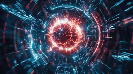 Poster - Futuristic depiction of glowing space lightning and plasma explosion, centered within a sphere of radiant electric energy.