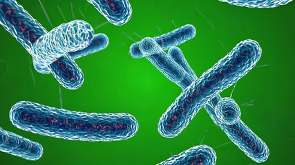 Aufkleber - Microscopic Bacteria: Close-up view of rod-shaped bacteria, vibrant blue against a deep green background, illustrating microbiology and cellular structures.  