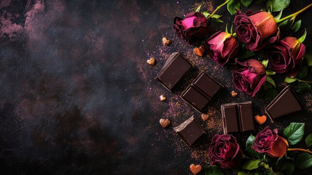 Stylish Valentine greeting card layout with dark roses, chocolate, and decorative glitter