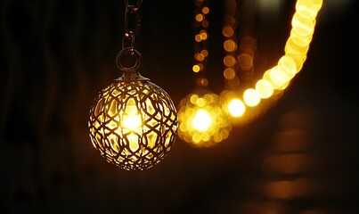 Glowing ornamental lantern with blurred lights in background, ideal for festive or calming scenes