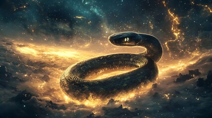 A mystical snake spirit animal coiled in a luminous landscape