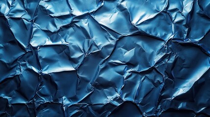 Poster - A textured close-up of crumpled blue foil, showcasing intricate folds and a shimmering surface that reflects light.